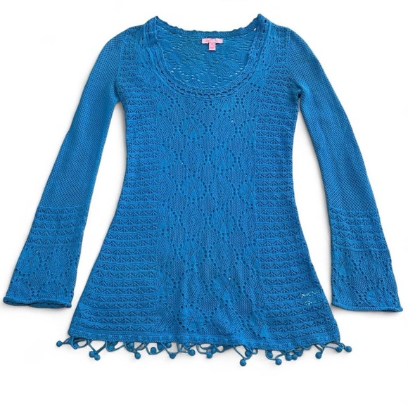 Blue Crochet Long Sleeve Tunic Top - Picture 1 of 5